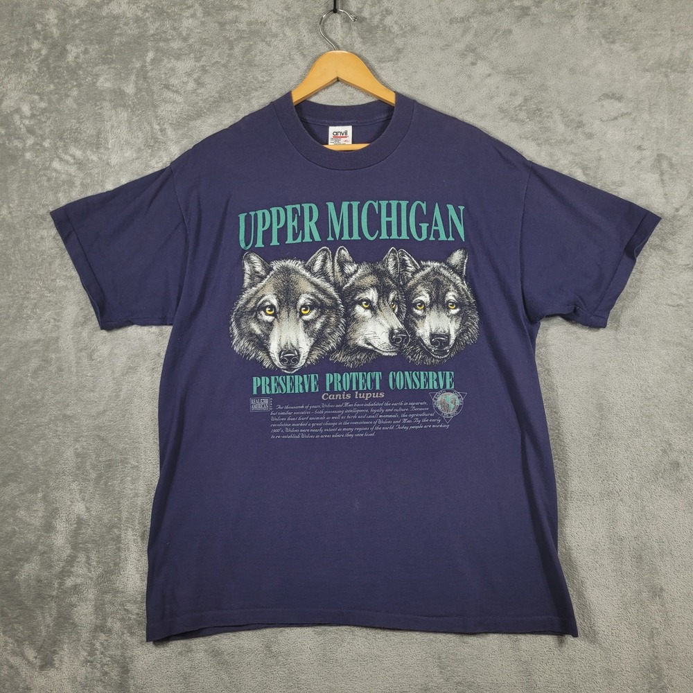 Vintage Upper Michigan Wolves T-Shirt Men XL Blue Preserve Protect Conserve 1993